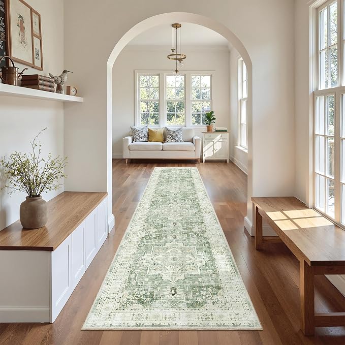 Madane Washable Runner Rugs 2x10 Long for Hallway Kitchen, Green/Ivory | Non-Slip Low-Pile 10ft Rug Runners Soft, Stain-Resistant Floor Carpet Mat for Entrance, Living Dining Laundry Room, Stair