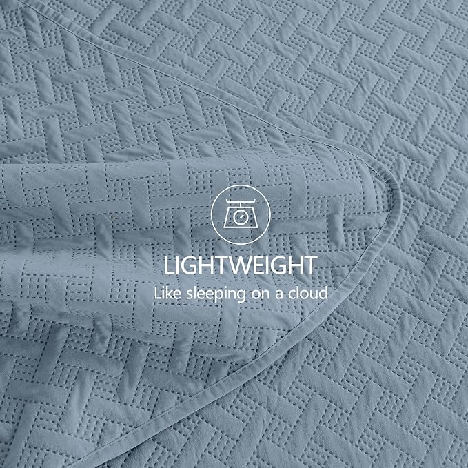 FLYMME Quilts King Size,Lightweight Dusty Blue Bedspreads,Basket Weave Pattern,Ultra Soft Microfiber Bed Coverlet 3 Pieces for All-Seasons (1 Quilt,2 Pillow Shams)