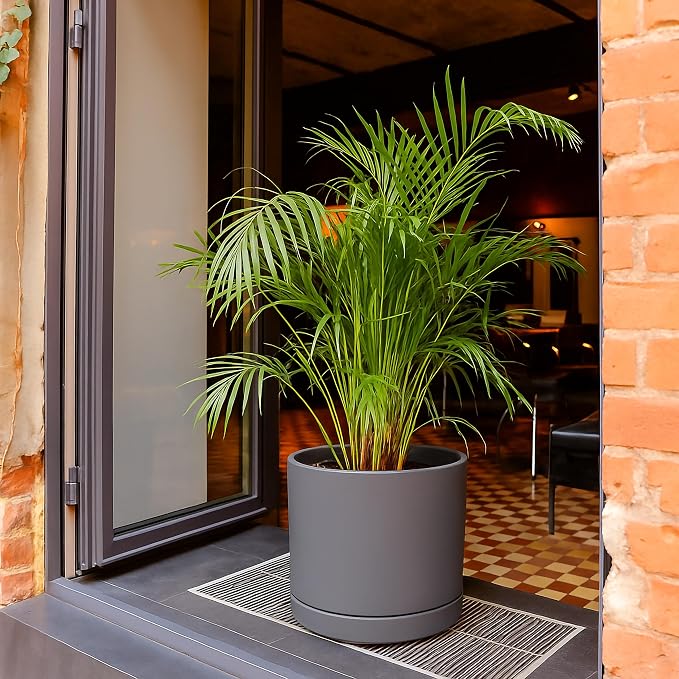 D'vine Dev 14 Inch Ceramic Planter Pot, Grey, 94-O-G-3 | Modern Cylinder Design, Drainage Hole & Saucer Included, Stable Structure, Elegant Home Accent
