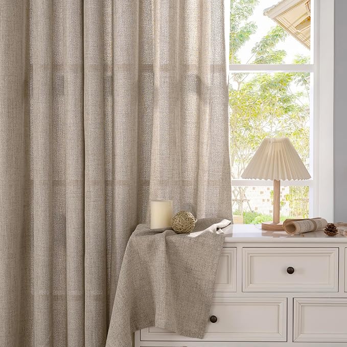 YoungsTex Small Linen Curtains 36 Inch Length for Kitchen Window Over Sink | Cafe Drapes Semi Sheer with Rod Pocket Back Tab Light Filtering for Bathroom Window, Dark Oatmeal, 2 Panels, 30 X 36 Inch