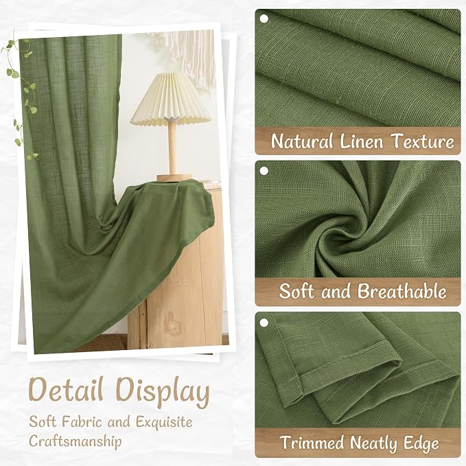 Light Filtering Semi Sheer Linen Curtains 72 Inch Length, Sage Green | Living Room, Curtains for Bedroom, Farmhouse, Spring Decor, Window Drapes, Back Tab Rod Pocket, 2 Panels, 34 x 72 Inch