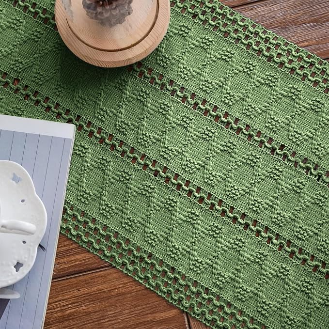 Macrame Table Runner Green Boho Table Runners with Tassels 12x48in | Alynsehom Hand Woven Cotton Table Runner Rustic Farmhouse Table Runners for Bohemian Kitchen Dining Table
