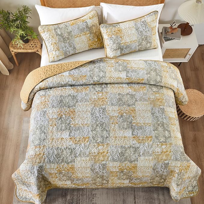 Mybedsoul Boho Quilt King Size, Patchwork Reversible Bedding Set, Yellow | Soft Lightweight Microfiber Floral Coverlet Set, 3 Pieces Plaid Bedspread, Bed Sets for All Seasons 90"x110"