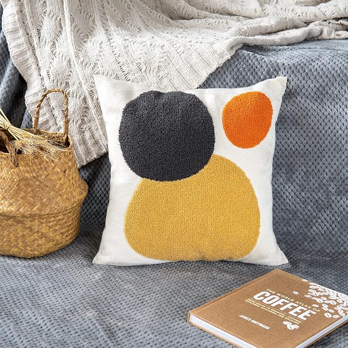 Decorative Geo Pillowcase, Boho Colored Throw Pillow Cover for Couch Sofa Bed Stylish Decor, Simple Cotton Textured Cushion Sham, Square 18 inches, 1PC(Yellow Orange)