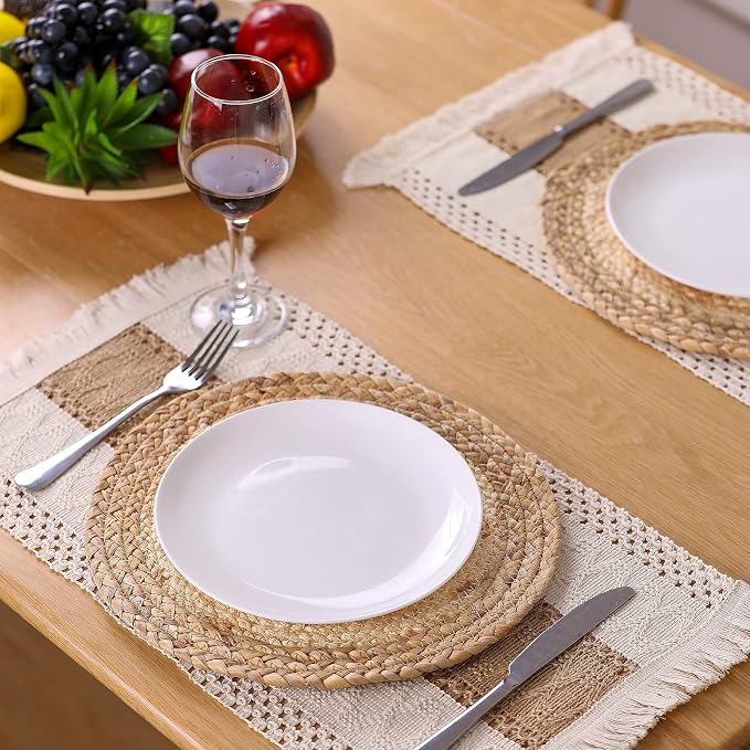 Placemats Set of 4 with 4 PCs Round Placemats and 4 PCs Table Mats | Natural,Handmade,Boho Woven Placemat,Burlap Table Placemats,Heat Resistant for Kitchen and Dining Table Farmhouse Décor