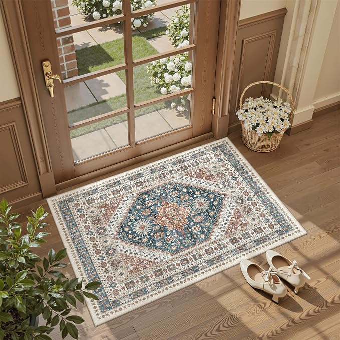 Madane Washable Area Rug 2x3 Small Entryway Rugs Non-Slip, Navy Blue | Vintage Stain-Resistant Door Mat Indoor Entrance, Low Pile Floor Carpet for Inside Front Bedroom Kitchen Entry Laundry, Stair