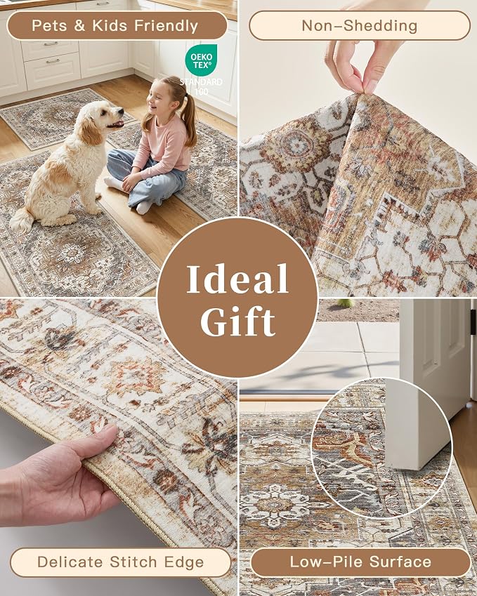 Madane 2-Piece Area Rugs Set, Small Kitchen Runner Non-Slip, Turmeric/Grey | Rug Runners Vintage Door Mat Indoor Entrance, Low Pile Floor Carpet for Inside Front Bedroom Entryway Entry Laundry 2x3+2x4