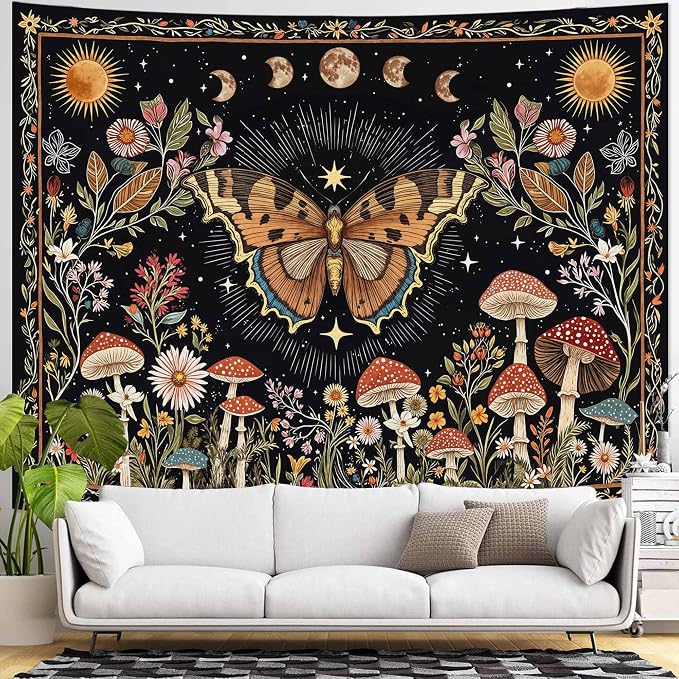 Accnicc Boho Butterfly Tapestry Mushroom Sun and Moon Hippie Wall Tapestry for Bedroom Aesthetic Vintage Floral Plant Extra Large Tapestries Wall Hanging for Dorm Living Room Decor 90 x 68 Inch