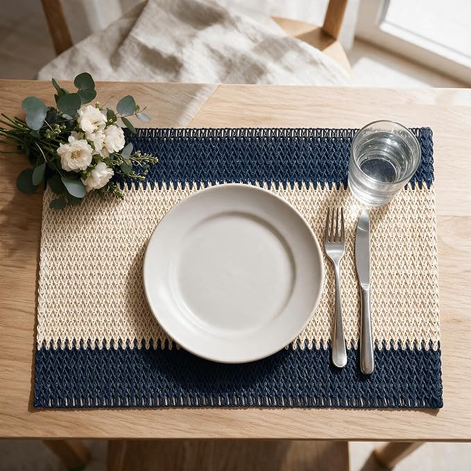 Artoid Mode Blue Paper Woven Farmhouse Stripe Placemats Set of 4,12x18 Inch Seasonal Holiday Table Mats Party Kitchen Dining Decoration