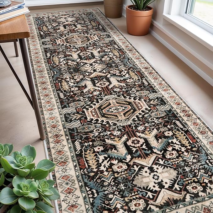 Washable Kitchen Runner Rug - 3x8 Hallway Rug Distressed Mats Non-Slip Soft Room Floor Carpet for Dining Room (Black,3x8)