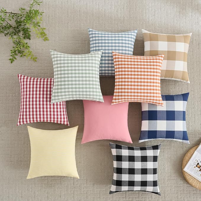Cute Light Pink and White Buffalo Check Plaid Pillow Covers 18x18 Set of 2 | Light Pink Outdoor Throw Pillows 18 x 18, Cute Girly Pink Room Decor, Soft and Durable Textured Pillow Covers for Couch Bed