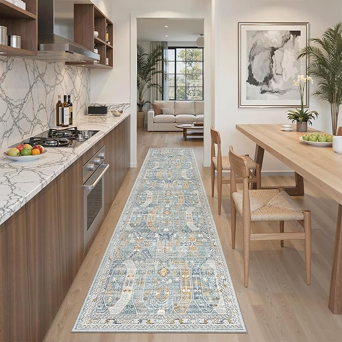 Madane Hallway Runner Rug 2x8 Washable Kitchen Rugs Non-Slip, Blue/Gold | Vintage Machine Washable Low-Pile Floor Carpet 8ft, Soft Ultra-Thin Throw Entry Foyer Mat for Entrance Laundry Living Room
