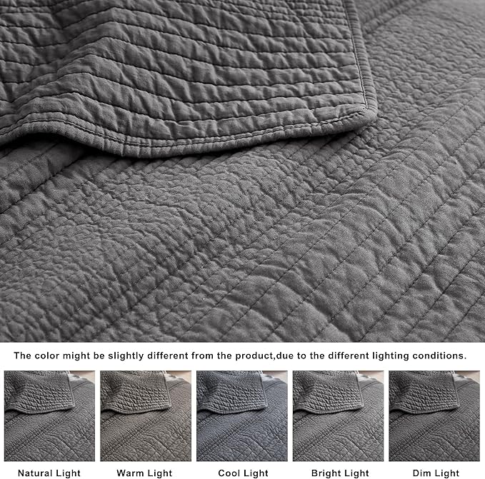 palassio Striped Dark Grey 100% Cotton Quilt Queen Size Bedding Sets, Lightweight Crinkly Channel Pick Stitch Textured Bedspread Soft Shabby Chic Farmhouse Country Coverlet for All Season, 2 Shams