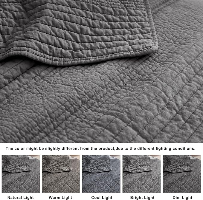 palassio Striped Dark Grey 100% Cotton Quilt Twin Size Bedding Sets, Lightweight Crinkly Channel Pick Stitch Textured Bedspread Soft Shabby Chic Farmhouse Country Coverlet for All Season, 1 Sham