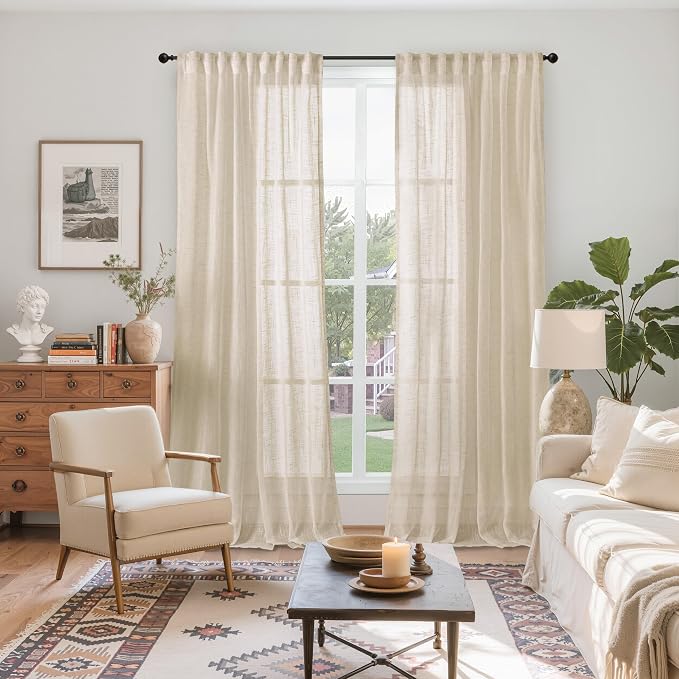 YoungsTex Oatmeal Linen Curtains 84 Inches Long for Living Room 2 Panels, Light Filtering Window Drapes Natural Textured Semi Sheer with Rod Pocket Back Tab for Farmhouse Bedroom, 52 X 84 Inch