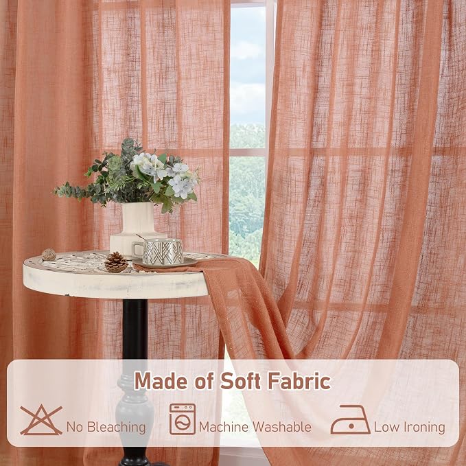 80 Inch Length Terracotta Linen Sheer Curtains for Living Room | Light Filtering, Rustic Boho Drapes, Fall Decor, Curtains for Bedroom, Farmhouse, Bronze Grommet, 2 Panels, 52 x 80 Inch