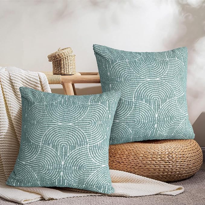 AELS Boho Decorative Textured Throw Pillow Covers 20x20, Modern Mid Century Rainbow Tufted Pillow Case, Farmhouse Rustic Geometric Woven Cushion Case for Bed Couch Sofa, Green