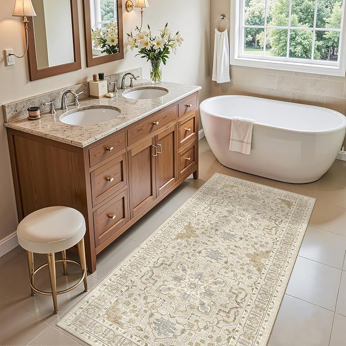 Madane Washable Area Rug 2x4, Small Entryway Rugs Non-Slip, Beige/Blue | Vintage Printed Door Mat Indoor Entrance, Low-Pile Floor Carpet Runner for Inside Front Bedroom Kitchen Entry Laundry, Stair