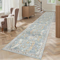 Madane Washable Runner Rugs 2x12 Long for Hallway Kitchen Soft, Blue/Gold | Non-Slip Vintage Printed 12ft Rug Runners with Rubber Backing, Low-Pile Floor Carpet Laundry Room Entryway, Corridor
