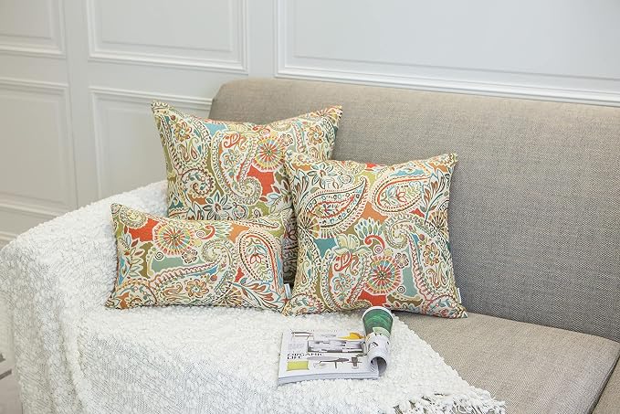 Mika Home Pack of 2 Throw Pillow Covers Decorative Pillow Shells for Sofa Couch, Paisley Pattern, 22x22 Inches,Red Teal Cream Multicolor