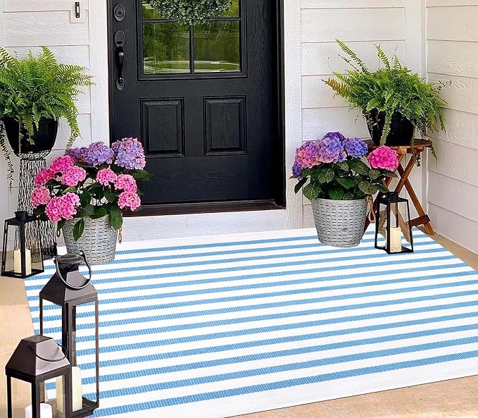 BUAGETUP Outdoor Rug 3'x 5',Light Blue Striped Area Rug Hand-Woven Cotton Washable Rug Indoor/Outdoor Area Rug Floor Mat for Farmhouse Living Room Bedroom