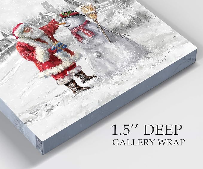 Renditions Gallery Xmas Canvas Paintings for Home Decorations Joyful Santa with Snowman in in Winter Snow Abstract Wall Art for Dining Living Room Kitchen Decor - 24"X24" LT05