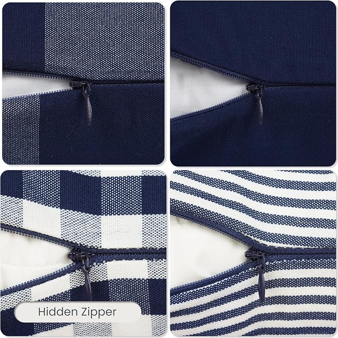 Rectangle Navy Blue Striped Plaid Outdoor Lumbar Decor Pillow Covers 12x20 | Farmhouse Blue and White Decor Coastal Pillow Covers 20x12 Set of 4, Neutral Navy Blue Throw Pillows For Couch Sofa Patio