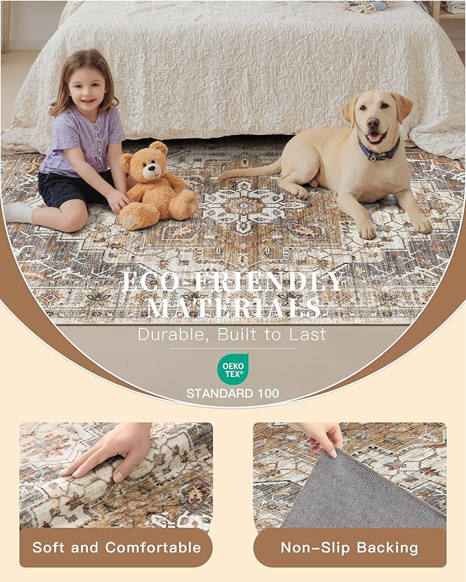 Madane Hallway Runner Rug 2'6''x12' Kitchen Runners Vintage, Turmeric/Grey | Non-Slip Washable Rugs 12ft for Laundry Room, Entryway and Bedroom, Soft Low Pile Stain-Resistant Wide 2.5x12 Ft Floor Carpet