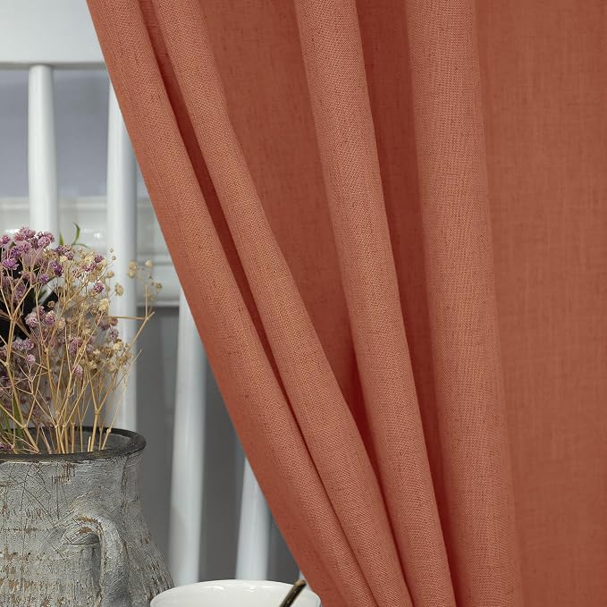 Pitalk Boho Curtains for Bedroom 2 Panels Rust Terracotta Colored Rod Pocket Back Tab Door Curtains Linen Sheer Bohemian Curtain for Living Room Ceiling to Floor Length Extra Wide 52 x 96 Inch Long