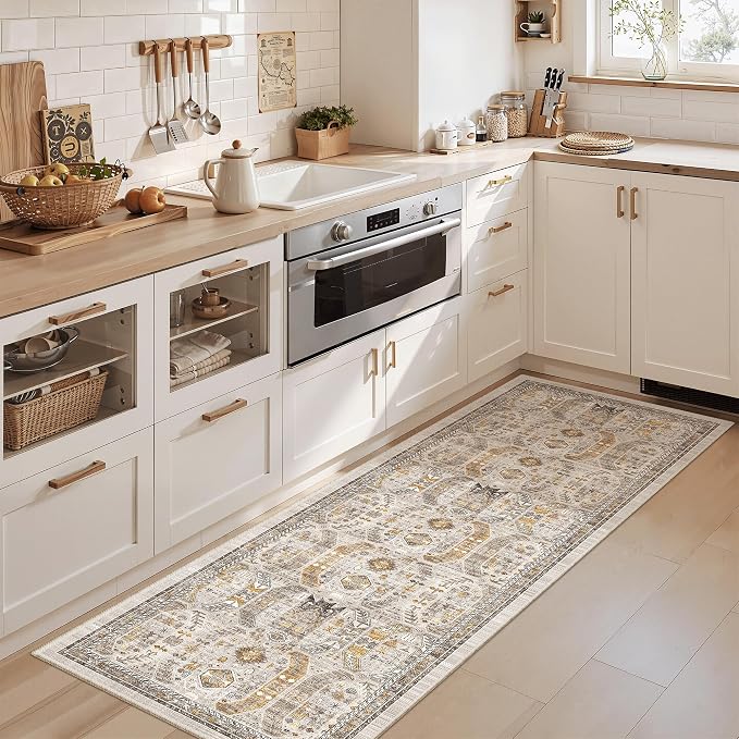 Madane Washable Runner Rug 2x6 Runners for Hallways Non Slip, Brown/Gold | Vintage Stain-Resistant 6 Feet Kitchen Rug, Soft Low-Pile Ultra-Thin Floor Carpet Mat for Bathroom Laundry Room Bedroom 2x6ft