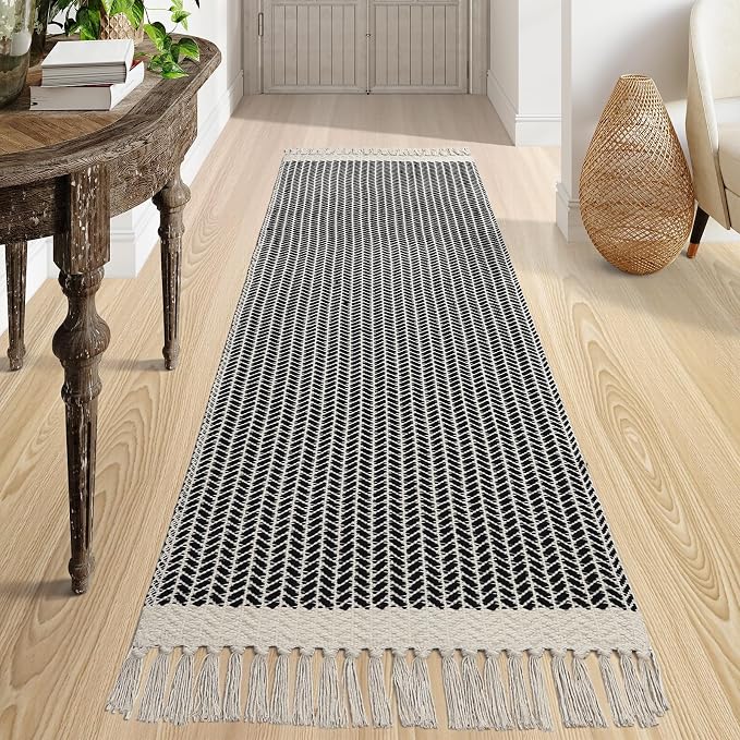 Lahome Boho Kitchen Runner Rug, 2'6''x8 Washable Rugs for Hallways Bathroom | Black Bath Mat Woven with Tassels, Farmhouse Decor Non Shedding Lightweight Carpet for Entryway Bedroom Living Laundry Room