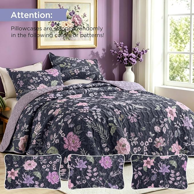 Litanika Floral Dark Purple Quilt Set- 3Pcs Botanical Birds Pattren Bed | Super King Bedspread Summer Lightweight Soft Coverlet with Pink Flower for All Seasons (120"x120")