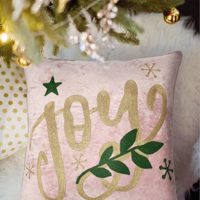 Joy Christmas Pillow Covers 18x18,Embroidered Velvet Christmas Throw Pillow Covers Christmas Decorations Holiday Pillows for Home Couch,Pink Blush/Gold