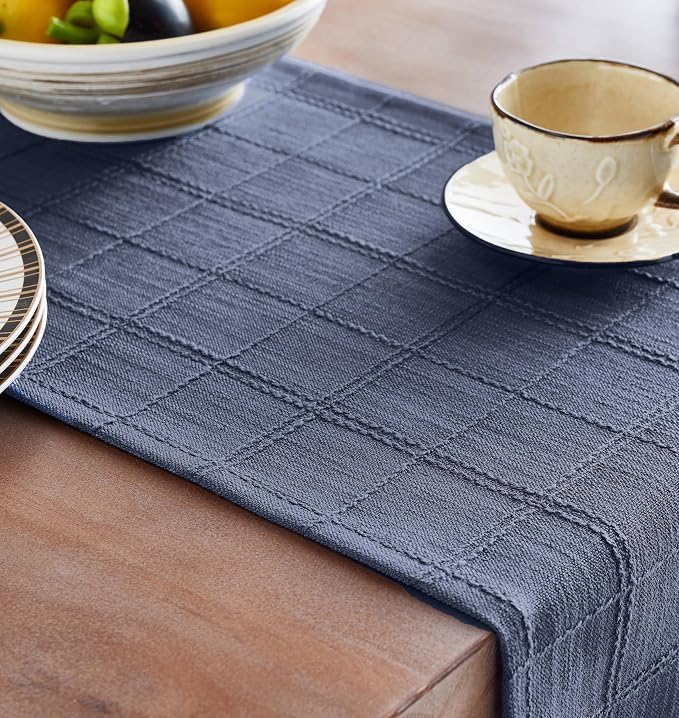 ZeeMart Linen Checked Farmhouse Table Runner, 13x90 Inches Blue | Raised Grid Design, Rich Woven Texture, Linen Blend Table Runners 90 Inches Long, Machine Washable, Boho Home Kitchen Decor