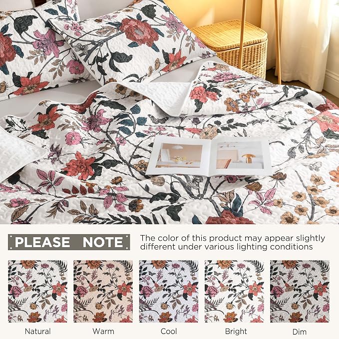Litanika Floral White Quilt Oversized King - 3Pcs Botanical Bedding Set | Super King Bedspread Summer Lightweight Soft Coverlet with Orange Flower for All Seasons (120"x120")