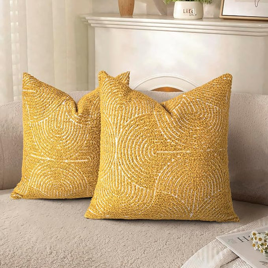 AELS Boho Decorative Textured Throw Pillow Covers 16x16, Organic Modern Mid Century Rainbow Tufted Pillow Case, Farmhouse Rustic Geometric Woven Cushion Case for Bed Couch Sofa, Mustard Yellow