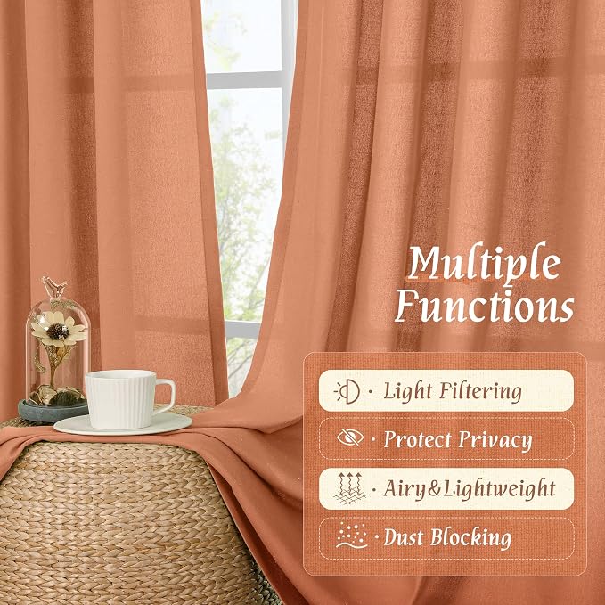Light Filtering Linen Boho Curtains 84 inch Length for Living Room | Semi Sheer, Privacy, Linen Textured, Drapes for Bedroom, Rustic Farmhouse, Rod Pocket, 52 x 84 Inch, Terracotta, 2 Panels
