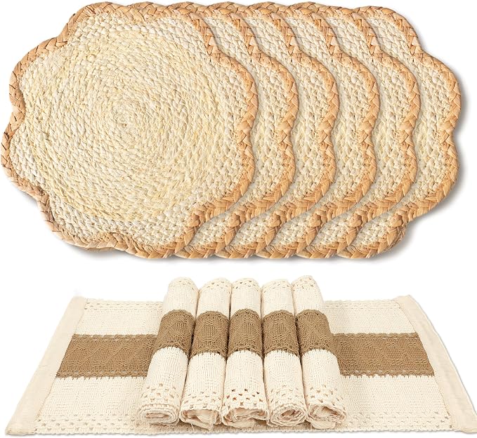 6pc Sunflower Rattan Placemat Set, Woven Boho Table Mats, Natural | 6 cotton runners (24x11") & 6 woven mats. Heat-resistant & eco-friendly. Perfect for boho, farmhouse decor & parties.