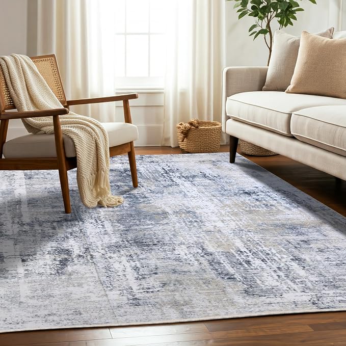 Machine Washable Area Rug, Soft & Durable, Non-Slip, Stain Resistant Rug for Bedroom, Living Room, Dining Room, High Traffic Areas. (Grey/Beige, 6' X 9')