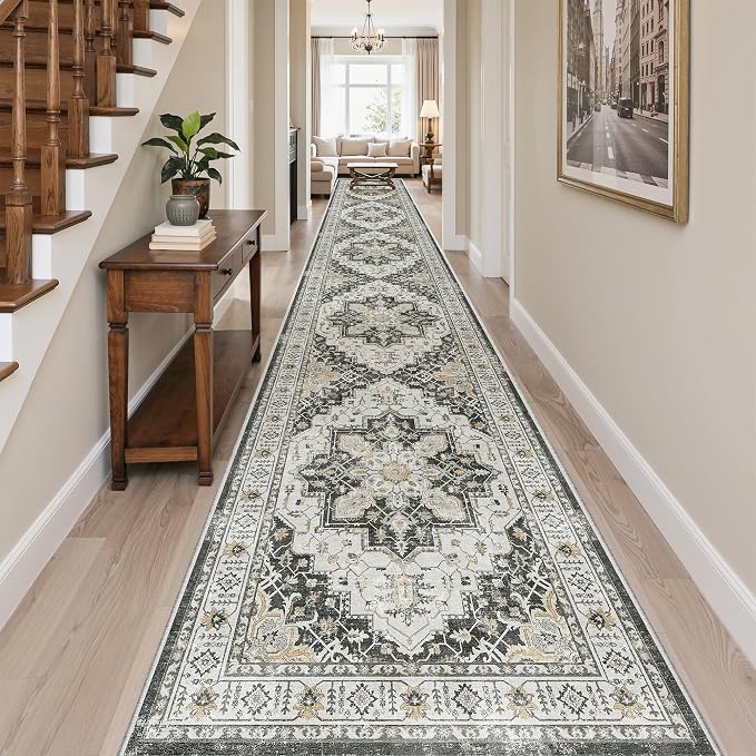 Madane Hallway Runner Rug 3x18 Washable Kitchen Runners 18ft, Black | Vintage Non Slip Extra Long Area Rugs for Hallways, Soft Low-Pile Farmhouse Wide Floor Carpet for Entryway Bathroom Bedroom