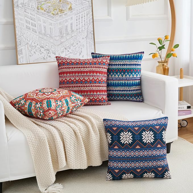 Couch Bohemian Double-Sided Patterned Throw Pillow Covers 18X18 Inch Set of 4 Square Farmhouse Decorative Cushion Covers BOHO Vintage Pillow Cases For Sofa Living Room Bedroom Outdoor Patio Porch