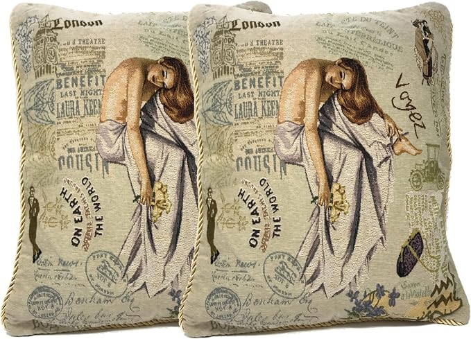 Tache Tapestry Throw Pillow Covers 18x18 Decorative Boho Farmhouse Decor Square Vintage French Parisian Model Couch Accent Cushion Cover 2 Pieces