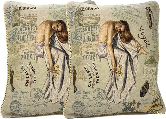 Tache Tapestry Throw Pillow Covers 18x18 Decorative Boho Farmhouse Decor Square Vintage French Parisian Model Couch Accent Cushion Cover 2 Pieces