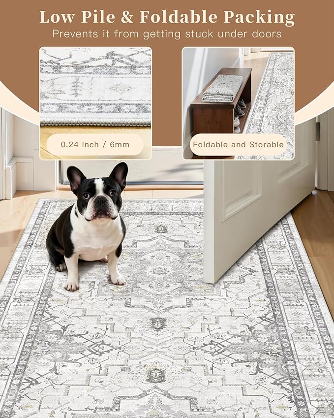 Madane Washable Area Rug 2x3 Small Entryway Rugs Non-Slip, Grey | Vintage Stain-Resistant Door Mat Indoor Entrance, Low Pile Floor Carpet for Inside Front Bedroom Kitchen Entry Laundry, Stair