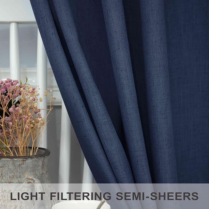 Navy Blue Linen Curtains 60 Inch Wide Back Tab Semi Sheer 2 Panels