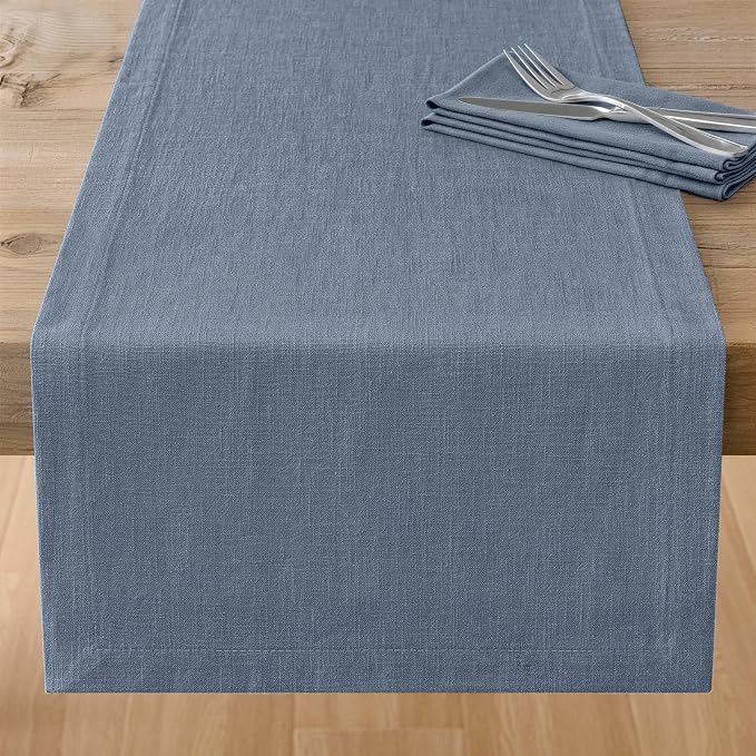 100% Natural Cotton Linen Table Runner, 14x36in Dusty Blue | 75% Linen 25% Cotton, Soft Breathable, Mitered Stitched Corner, Textured Farmhouse Table Runner, Rustic Home Kitchen Decor