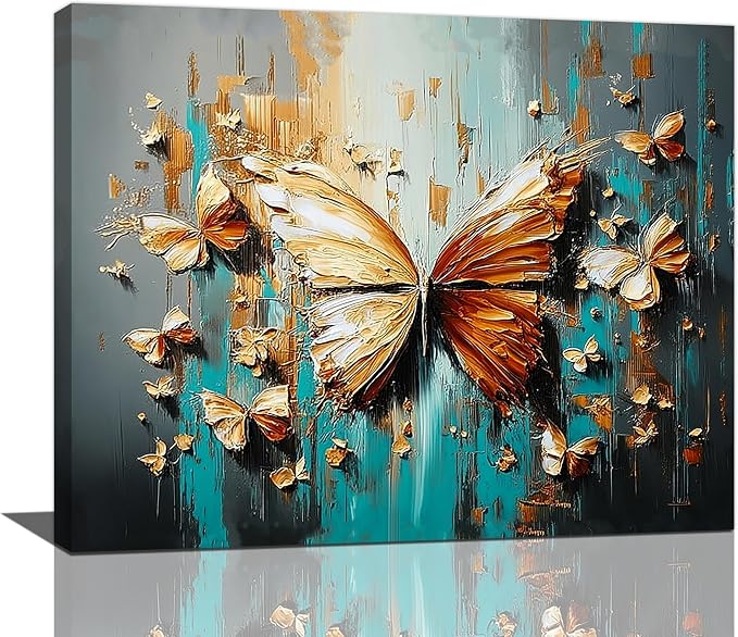 Crekviy Golden Butterfly Wall Art Vintage Butterfly Pictures Wall Decor Canvas Prints Painting Artwork Decoration Girls Gifts for Bathroom Bedroom Living Room Ready to Hang Framed 16"x20"