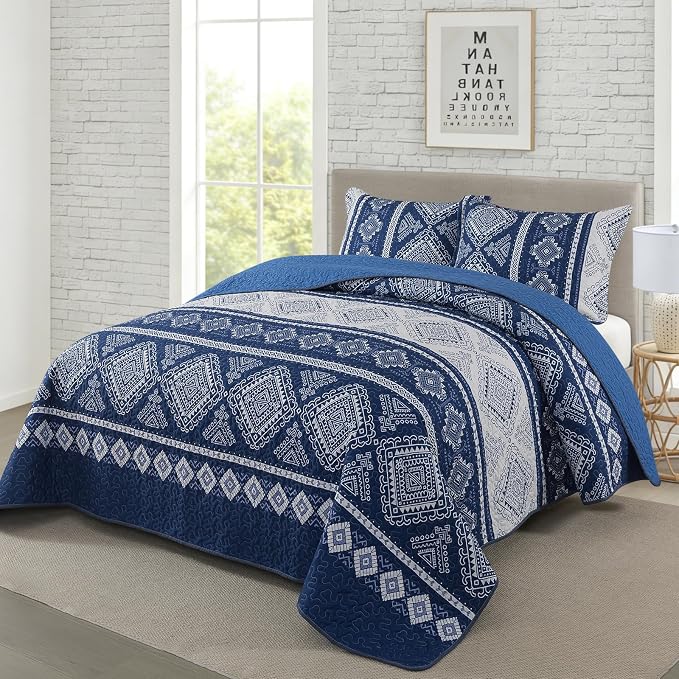 Travan 3-Piece Quilt Set Quilted Bedspread Garden Style Floral Printed Oversized Microfiber Lightweight Coverlet Set with Shams, Exquisite, Queen Size