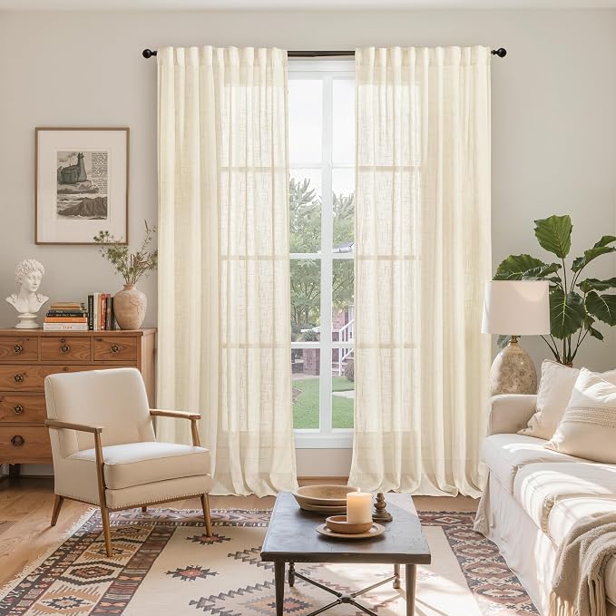 YoungsTex Beige Linen Semi Sheer Curtains 84 Inch Length for Living Room, Light Filtering Window Treatments Textured Drapes with Rod Pocket Back Tab for Bedroom, 2 Panels, 52 X 84 Inch