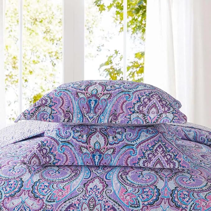 NEWLAKE Cotton Bedspread Quilt Sets-Reversible Patchwork Coverlet Set, European Purple Floral Pattern, King Size